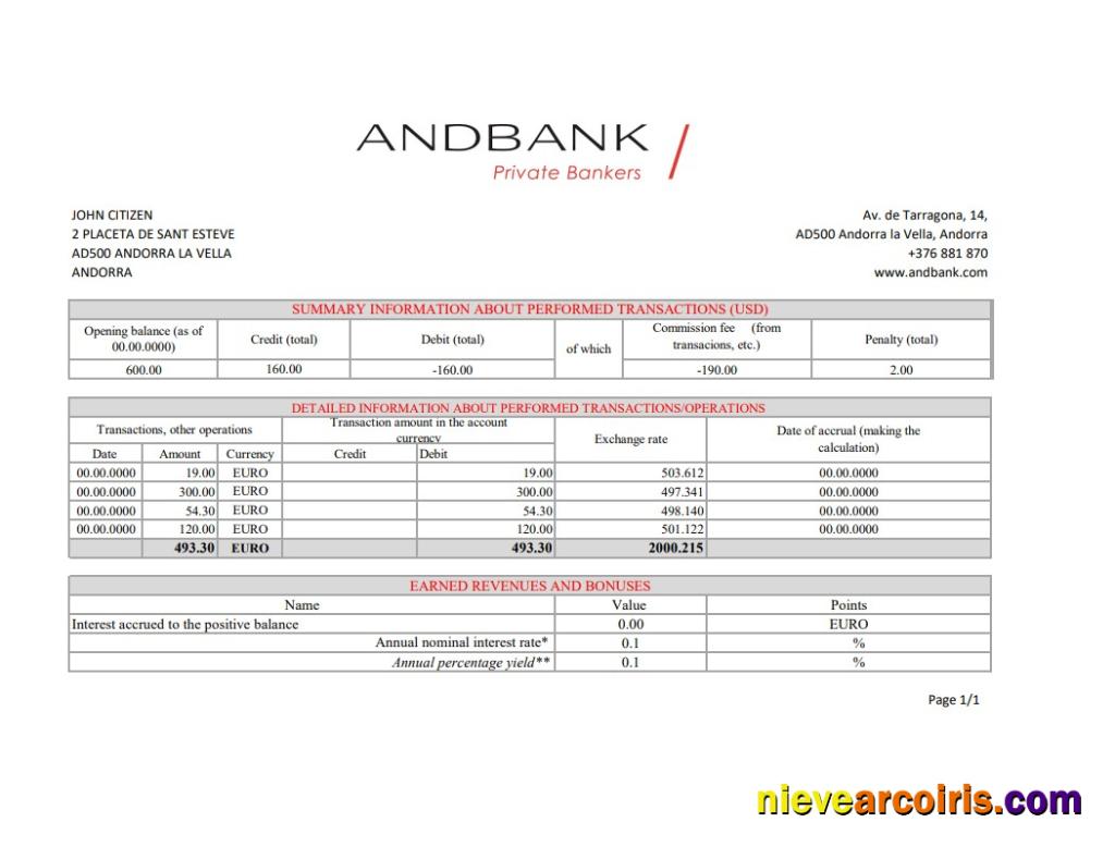 Andorra Andbank bank statement in Excel and PDF format